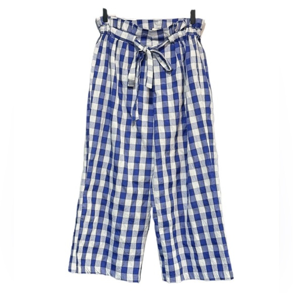 JOIE size XL cropped blue and white cropped paper bag style checkered pants - Picture 1 of 12